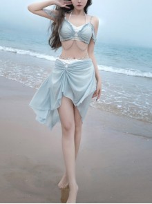 Summer Ripples Series Kawaii Fashion Cute Girl Light Blue Sweet Two-Piece Sexy Gemstone Chain Bikini Swimsuit