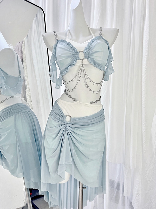 Summer Ripples Series Kawaii Fashion Cute Girl Light Blue Sweet Two-Piece Sexy Gemstone Chain Bikini Swimsuit