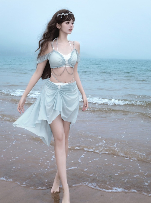 Summer Ripples Series Kawaii Fashion Cute Girl Light Blue Sweet Two-Piece Sexy Gemstone Chain Bikini Swimsuit