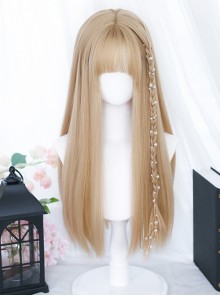 Versatile Sweet Light Golden Cute Flat Bangs Long Straight Hair Blond Classic Lolita Full-Head Wig