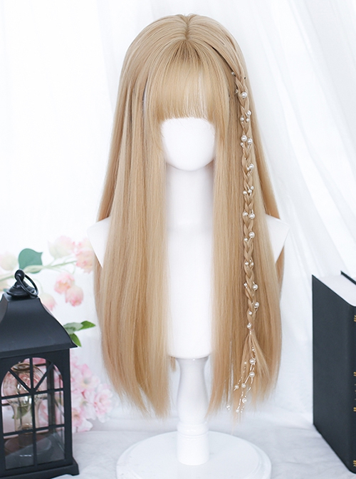 Versatile Sweet Light Golden Cute Flat Bangs Long Straight Hair Blond Classic Lolita Full-Head Wig