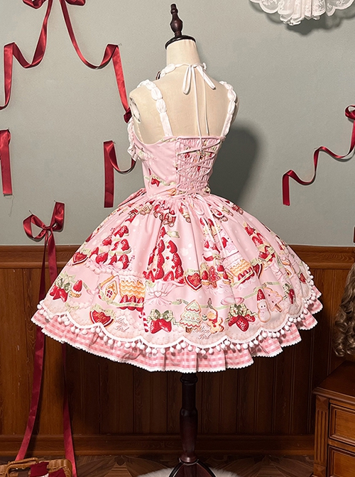 Mint Strawberry Series Cute Gorgeous Retro Strawberry Cake Biscuit Dessert Print Sweet Lolita Suspender Dress