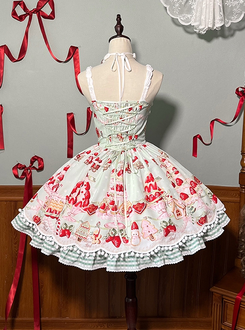 Mint Strawberry Series Cute Gorgeous Retro Strawberry Cake Biscuit Dessert Print Sweet Lolita Suspender Dress