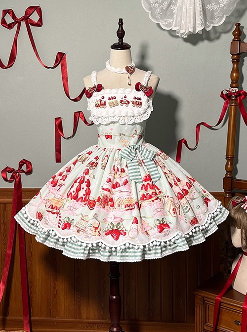 Mint Strawberry Series Cute Gorgeous Retro Strawberry Cake Biscuit Dessert Print Sweet Lolita Suspender Dress