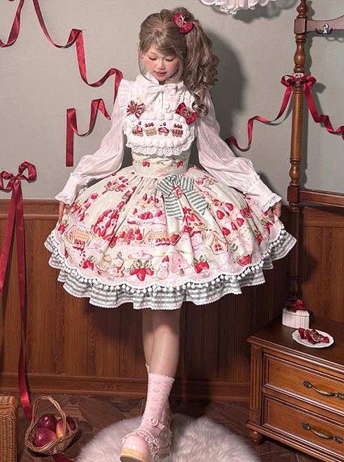 Mint Strawberry Series Cute Gorgeous Retro Strawberry Cake Biscuit Dessert Print Sweet Lolita Suspender Dress