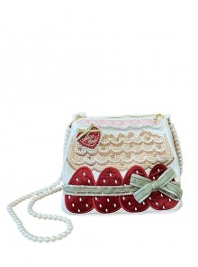 Mint Strawberry Series Cream Strawberry Heart Embroidery Ribbon Bowknot House Sweet Lolita Crossbody Pearl Chain Bag