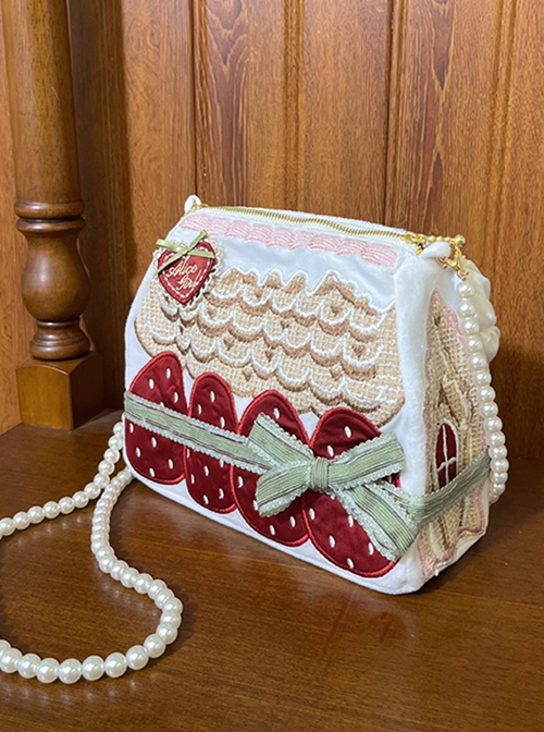 Mint Strawberry Series Cream Strawberry Heart Embroidery Ribbon Bowknot House Sweet Lolita Crossbody Pearl Chain Bag