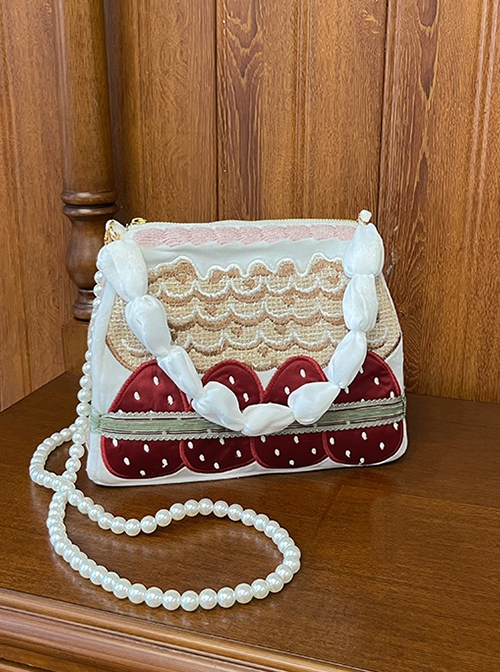 Mint Strawberry Series Cream Strawberry Heart Embroidery Ribbon Bowknot House Sweet Lolita Crossbody Pearl Chain Bag