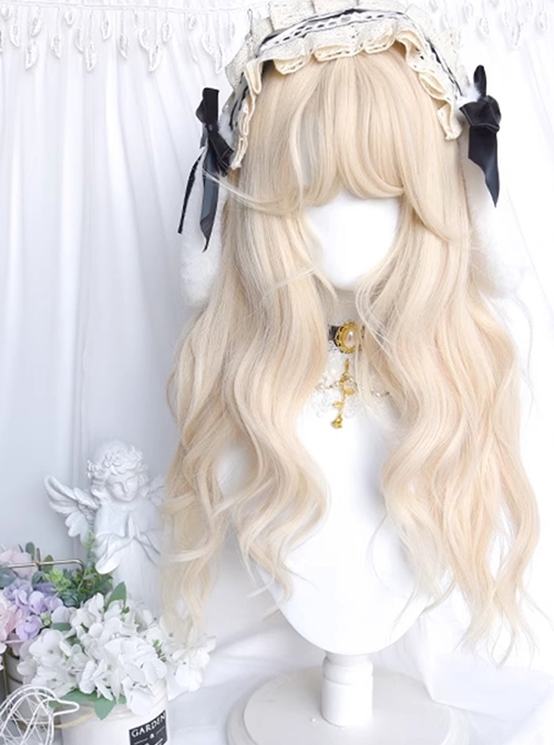 Alice'S Cat Series Cute Daily Light Gold Wool Roll Long Curly Hair Flat Bangs Sweet Lolita Wig