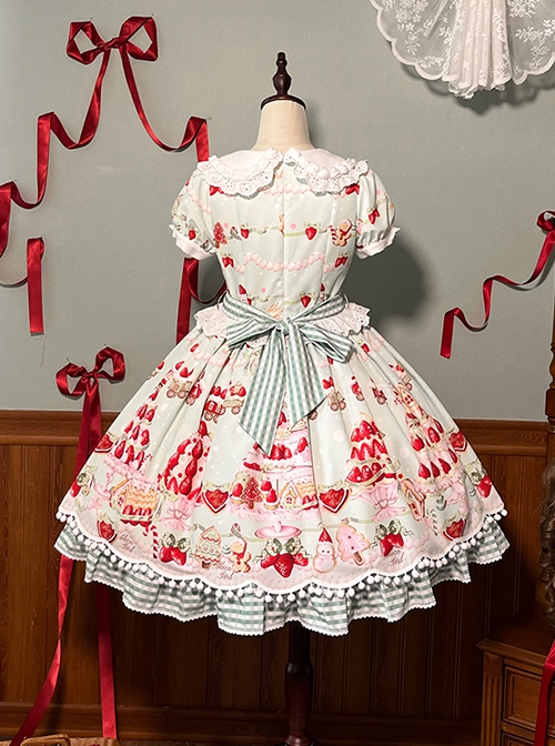 Mint Strawberry Series Cute Cream Strawberry Dessert Print Vintage Doll Collar Puff Sleeves Striped Ruffles Dress