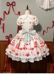 Mint Strawberry Series Cute Cream Strawberry Dessert Print Vintage Doll Collar Puff Sleeves Striped Ruffles Dress