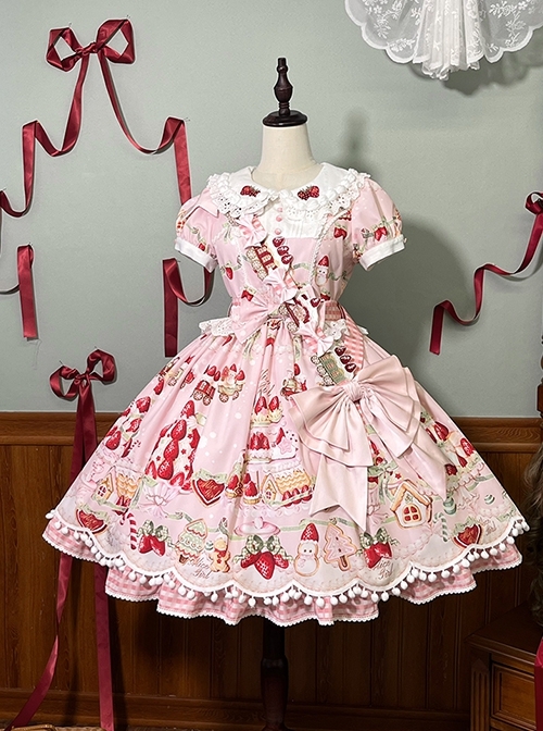 Mint Strawberry Series Cute Cream Strawberry Dessert Print Vintage Doll Collar Puff Sleeves Striped Ruffles Dress