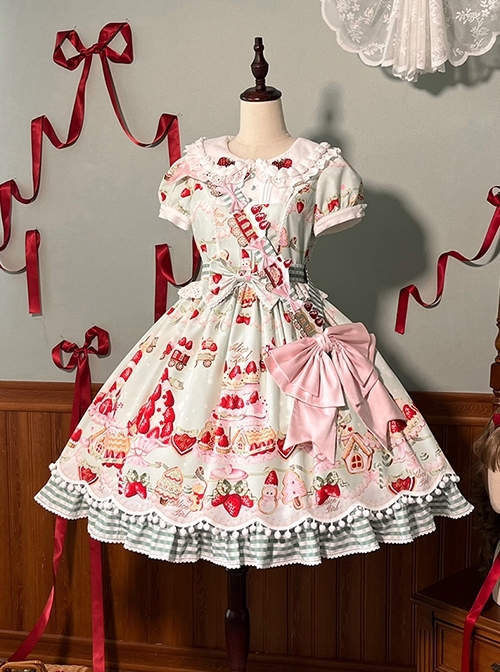 Mint Strawberry Series Cute Cream Strawberry Dessert Print Vintage Doll Collar Puff Sleeves Striped Ruffles Dress