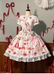 Mint Strawberry Series Cute Cream Strawberry Dessert Print Vintage Doll Collar Puff Sleeves Striped Ruffles Dress