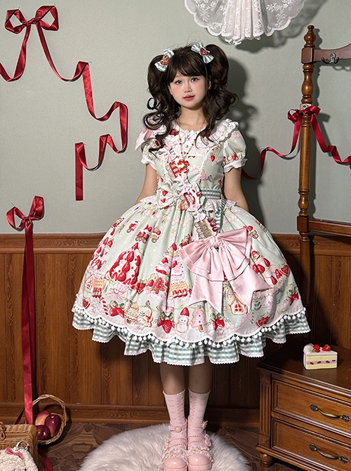 Mint Strawberry Series Cute Cream Strawberry Dessert Print Vintage Doll Collar Puff Sleeves Striped Ruffles Dress