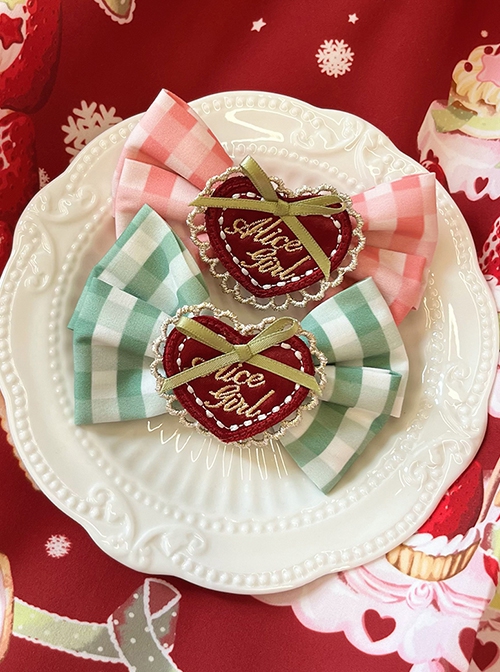 Mint Strawberry Series Sweet Lolita Cute Plaid Ribbon Bowknot Heart Shape Lace Embroidery Hairpin Side Clip