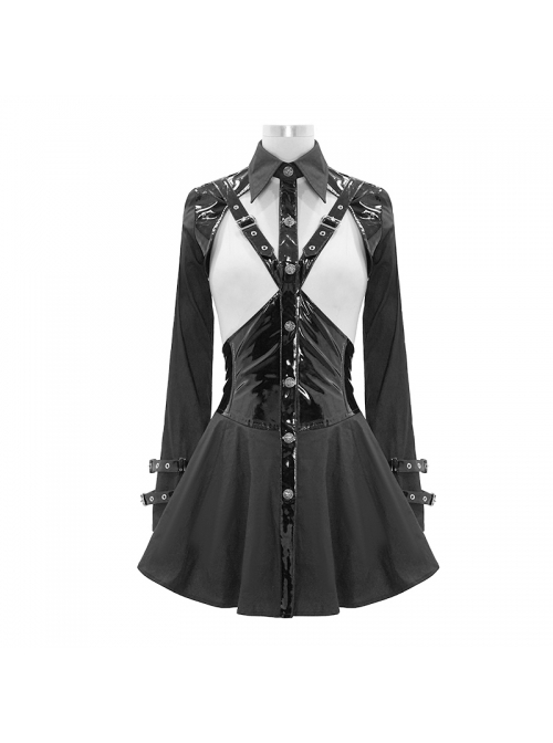 Punk Style Adjustable Hollow Glaze Front Center Adjustable Buckle Black Tight Long Sleeve Shirt