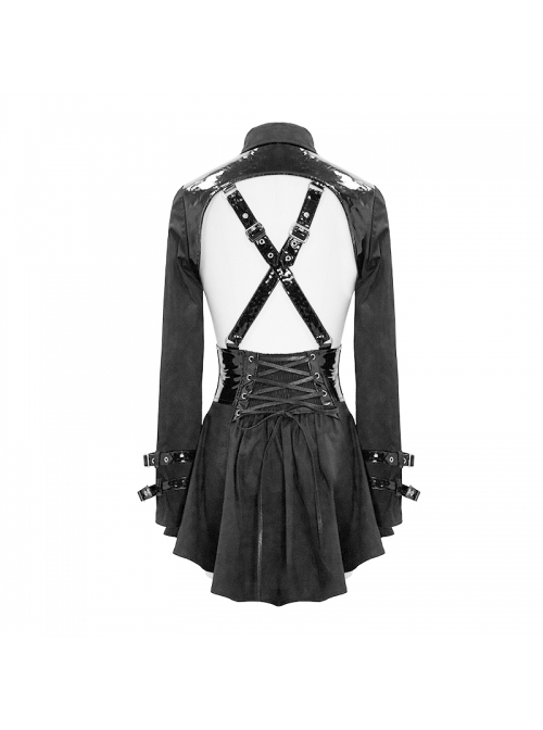 Punk Style Adjustable Hollow Glaze Front Center Adjustable Buckle Black Tight Long Sleeve Shirt