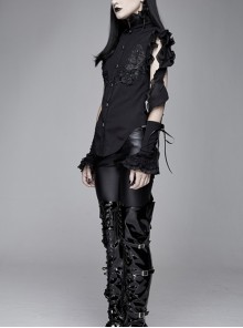 Gothic Style Asymmetric Lace Wrapped Front Center Chiffon Ruffle Fabric Black Swallowtail Stand Collar Shirt