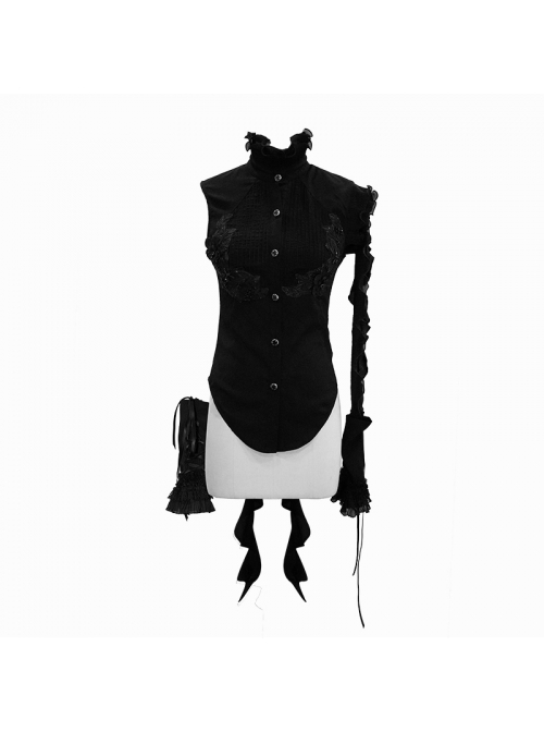 Gothic Style Asymmetric Lace Wrapped Front Center Chiffon Ruffle Fabric Black Swallowtail Stand Collar Shirt