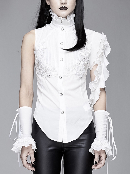 Gothic Style Asymmetric Lace Wrapped Front Center Chiffon Ruffle Fabric White Swallowtail Stand Collar Shirt