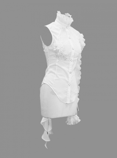 Gothic Style Asymmetric Lace Wrapped Front Center Chiffon Ruffle Fabric White Swallowtail Stand Collar Shirt