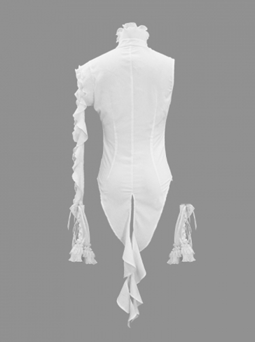 Gothic Style Asymmetric Lace Wrapped Front Center Chiffon Ruffle Fabric White Swallowtail Stand Collar Shirt