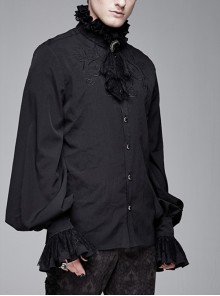 Gothic Chiffon Lace Fabric With Symmetrical Embroidery On The Chest Black High Collar Long Sleeve Shirt