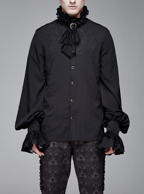 Gothic Chiffon Lace Fabric With Symmetrical Embroidery On The Chest Black High Collar Long Sleeve Shirt