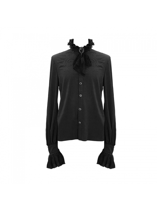 Gothic Chiffon Lace Fabric With Symmetrical Embroidery On The Chest Black High Collar Long Sleeve Shirt