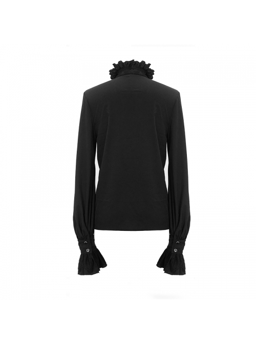 Gothic Chiffon Lace Fabric With Symmetrical Embroidery On The Chest Black High Collar Long Sleeve Shirt