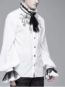 Gothic Chiffon Lace Fabric With Symmetrical Embroidery On The Chest White High Collar Long Sleeve Shirt