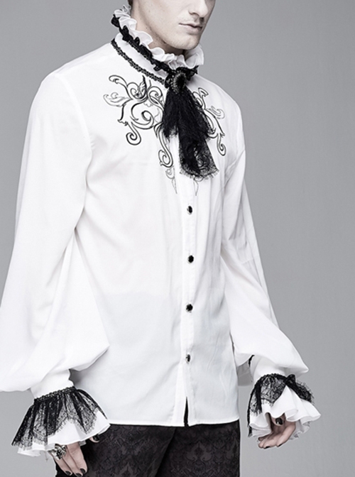 Gothic Chiffon Lace Fabric With Symmetrical Embroidery On The Chest White High Collar Long Sleeve Shirt