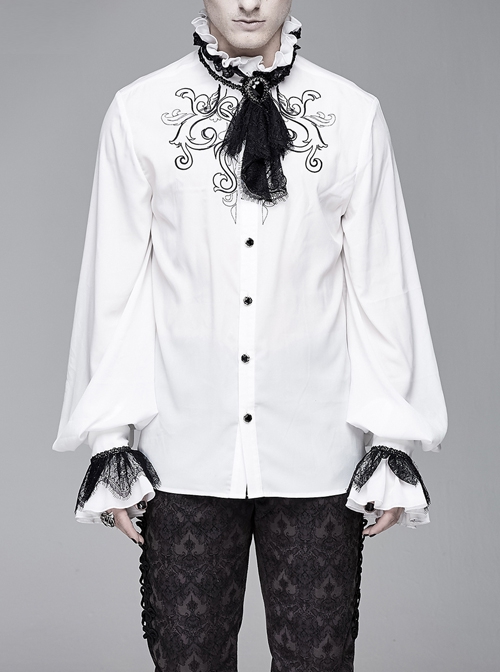 Gothic Chiffon Lace Fabric With Symmetrical Embroidery On The Chest White High Collar Long Sleeve Shirt