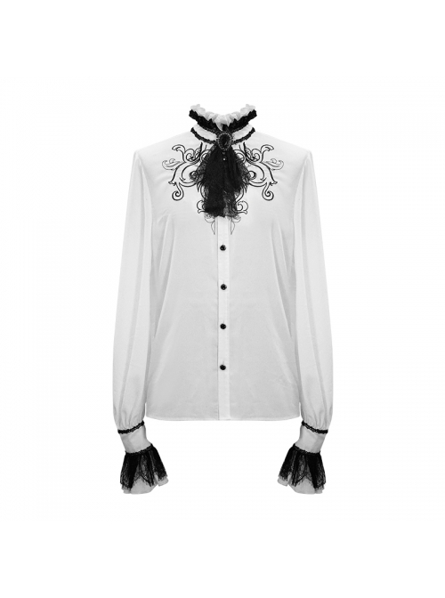 Gothic Chiffon Lace Fabric With Symmetrical Embroidery On The Chest White High Collar Long Sleeve Shirt