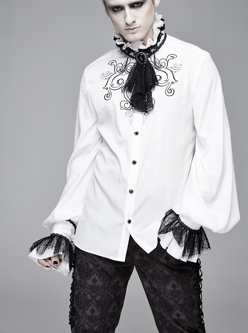 Gothic Chiffon Lace Fabric With Symmetrical Embroidery On The Chest White High Collar Long Sleeve Shirt