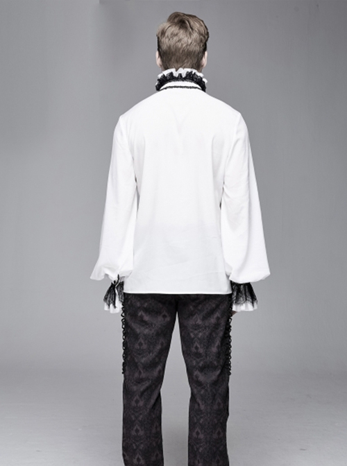 Gothic Chiffon Lace Fabric With Symmetrical Embroidery On The Chest White High Collar Long Sleeve Shirt