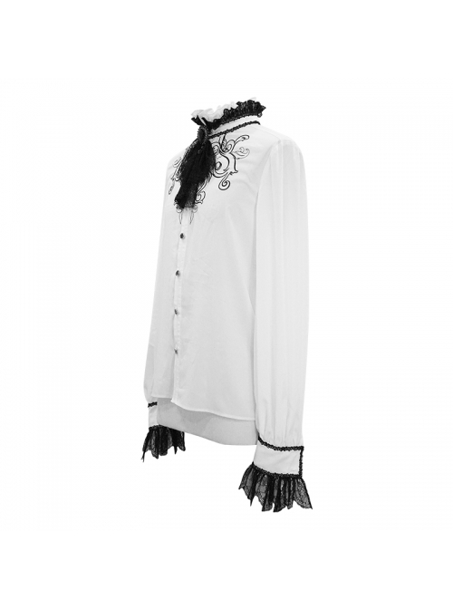 Gothic Chiffon Lace Fabric With Symmetrical Embroidery On The Chest White High Collar Long Sleeve Shirt