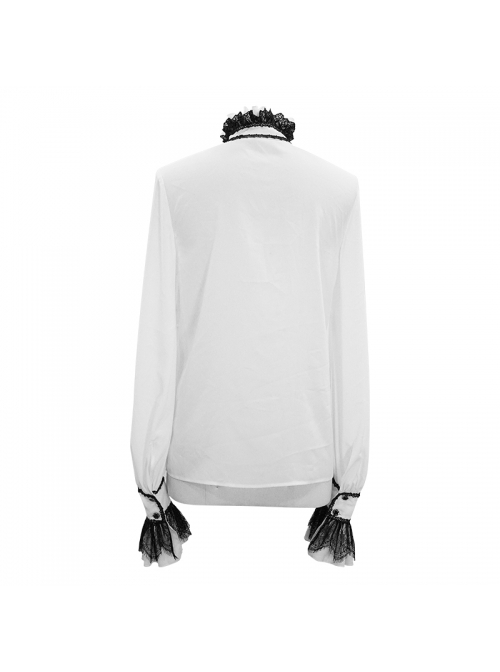 Gothic Chiffon Lace Fabric With Symmetrical Embroidery On The Chest White High Collar Long Sleeve Shirt