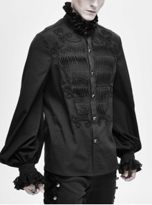 Gothic Chiffon Vertical Stripes Pattern Side Embroidered Petals Black Lace High Collar Long Sleeve Shirt