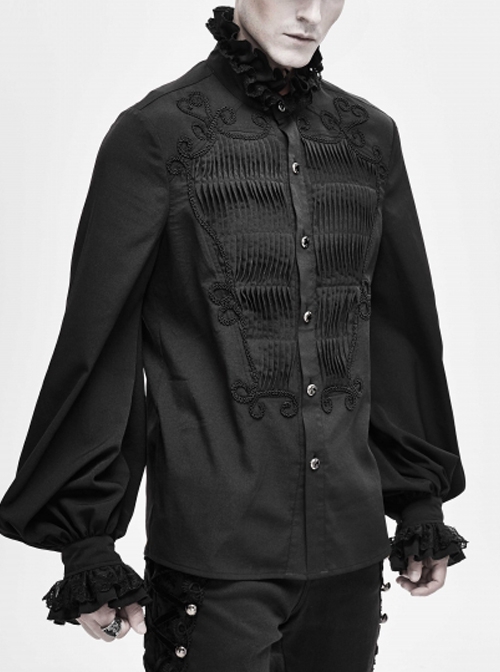 Gothic Chiffon Vertical Stripes Pattern Side Embroidered Petals Black Lace High Collar Long Sleeve Shirt