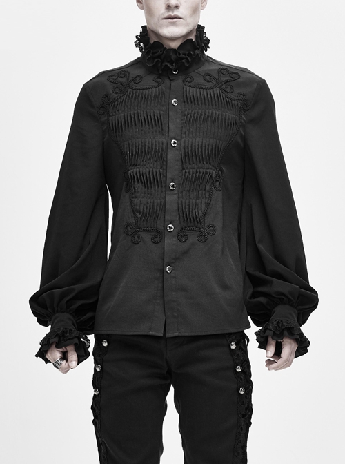 Gothic Chiffon Vertical Stripes Pattern Side Embroidered Petals Black Lace High Collar Long Sleeve Shirt