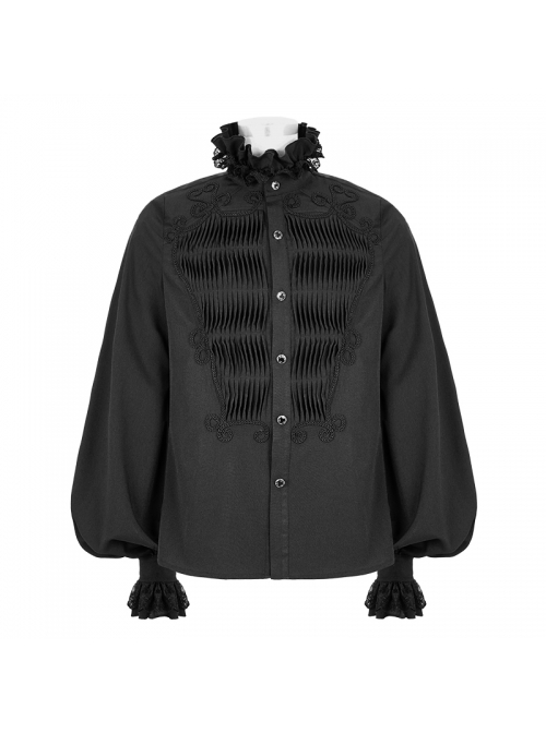 Gothic Chiffon Vertical Stripes Pattern Side Embroidered Petals Black Lace High Collar Long Sleeve Shirt