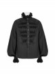 Gothic Chiffon Vertical Stripes Pattern Side Embroidered Petals Black Lace High Collar Long Sleeve Shirt