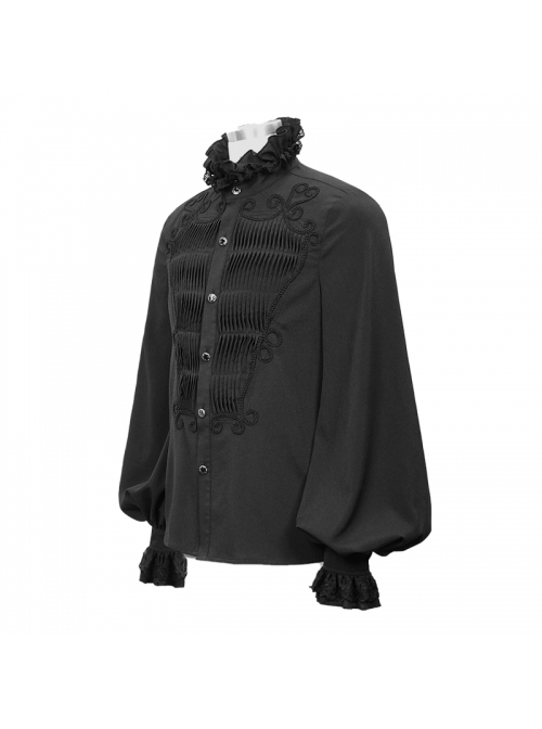 Gothic Chiffon Vertical Stripes Pattern Side Embroidered Petals Black Lace High Collar Long Sleeve Shirt