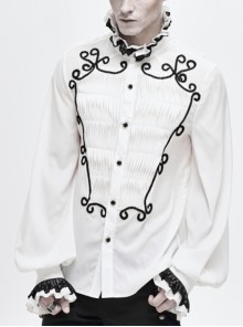 Gothic Chiffon Vertical Stripes Pattern Side Embroidered Petals White Lace High Collar Long Sleeve Shirt