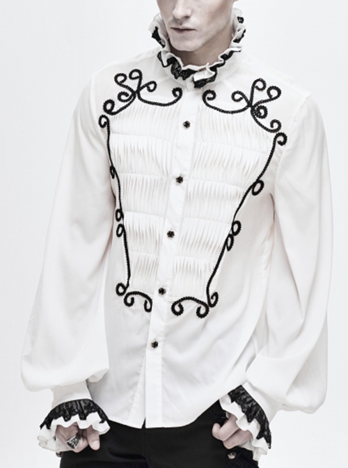 Gothic Chiffon Vertical Stripes Pattern Side Embroidered Petals White Lace High Collar Long Sleeve Shirt