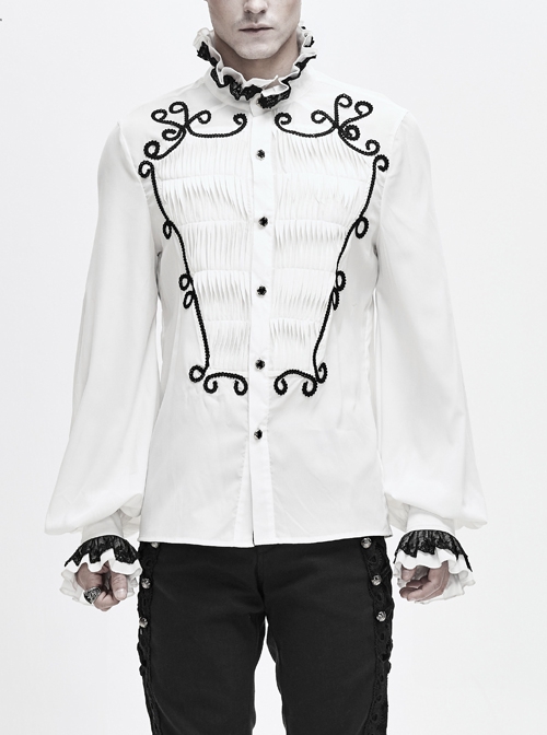 Gothic Chiffon Vertical Stripes Pattern Side Embroidered Petals White Lace High Collar Long Sleeve Shirt