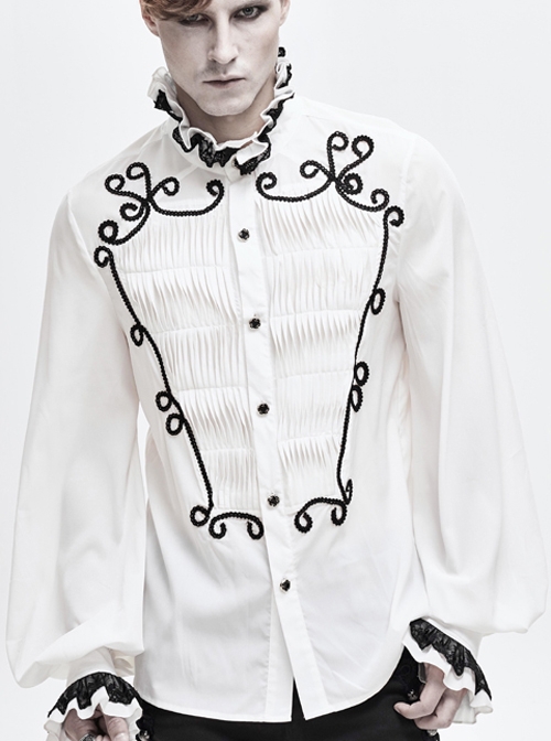 Gothic Chiffon Vertical Stripes Pattern Side Embroidered Petals White Lace High Collar Long Sleeve Shirt