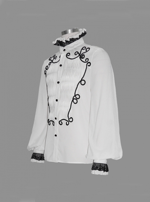 Gothic Chiffon Vertical Stripes Pattern Side Embroidered Petals White Lace High Collar Long Sleeve Shirt